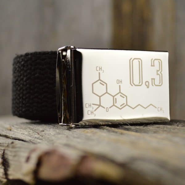 Black colored hemp webbing with buckle engraved with an image of a THC molecule