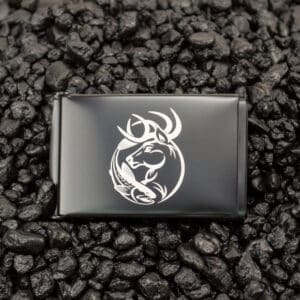 military belt buckle with hunting and fishing design