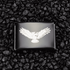 LIQUIDATION - Black military belt buckle for 1.5" webbing - laser engraved: Owl in Flight