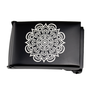 Black military belt buckle for 1.25" webbing - laser engraved: Mandala 1